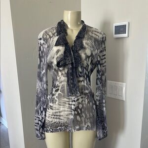 Cashe Chic sheer Black and Gray Patterned button down Blouse top size Medium